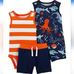 Carter's Boy's 3-Piece Bodysuit Set Blue Ocean Creatures Size NB NWT